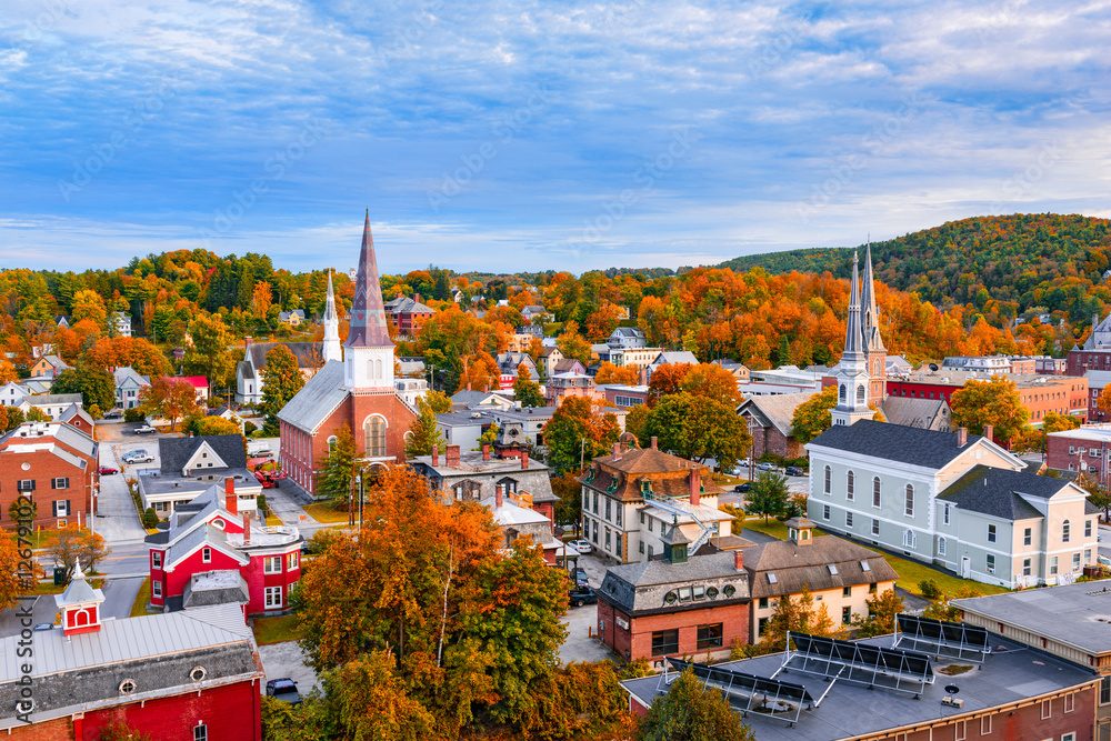 Veduta dall'alto di Montpelier, nel Vermont, con i colori dell'autunno.