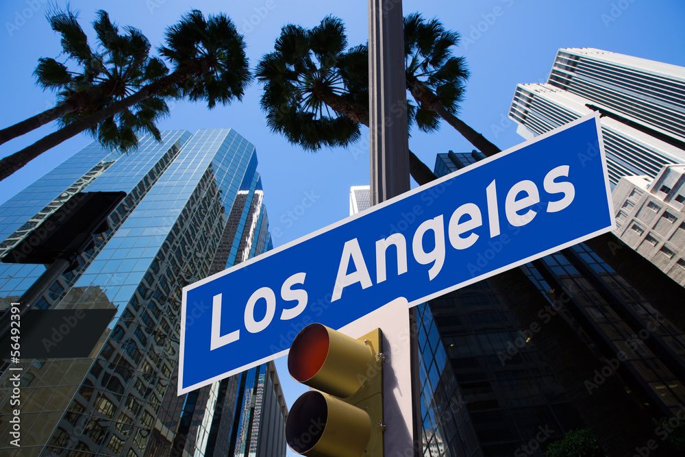 Cartello stradale con la scritta Los Angeles fra palme e grattacieli.