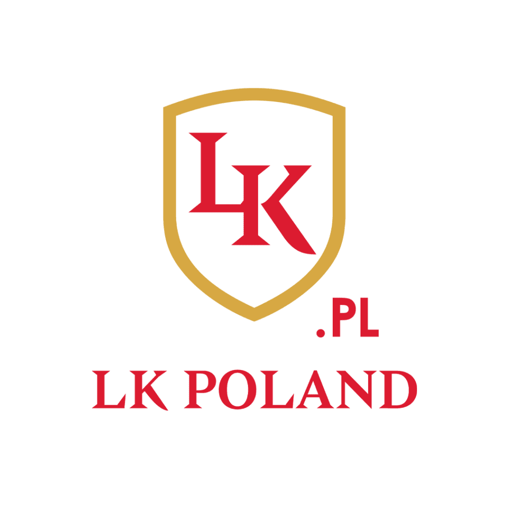 Logo verticale di LK Poland: scudo dorato con le lettere LK e il suffisso .PL.